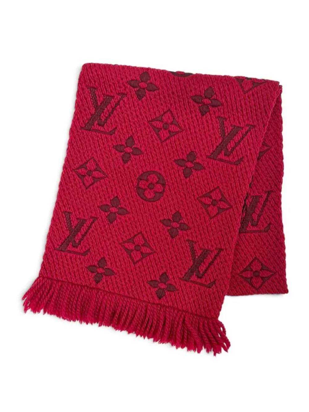 Louis Vuitton Echarpe Logo Mania Wool Silk Ruby Monogram Fringe Scarf